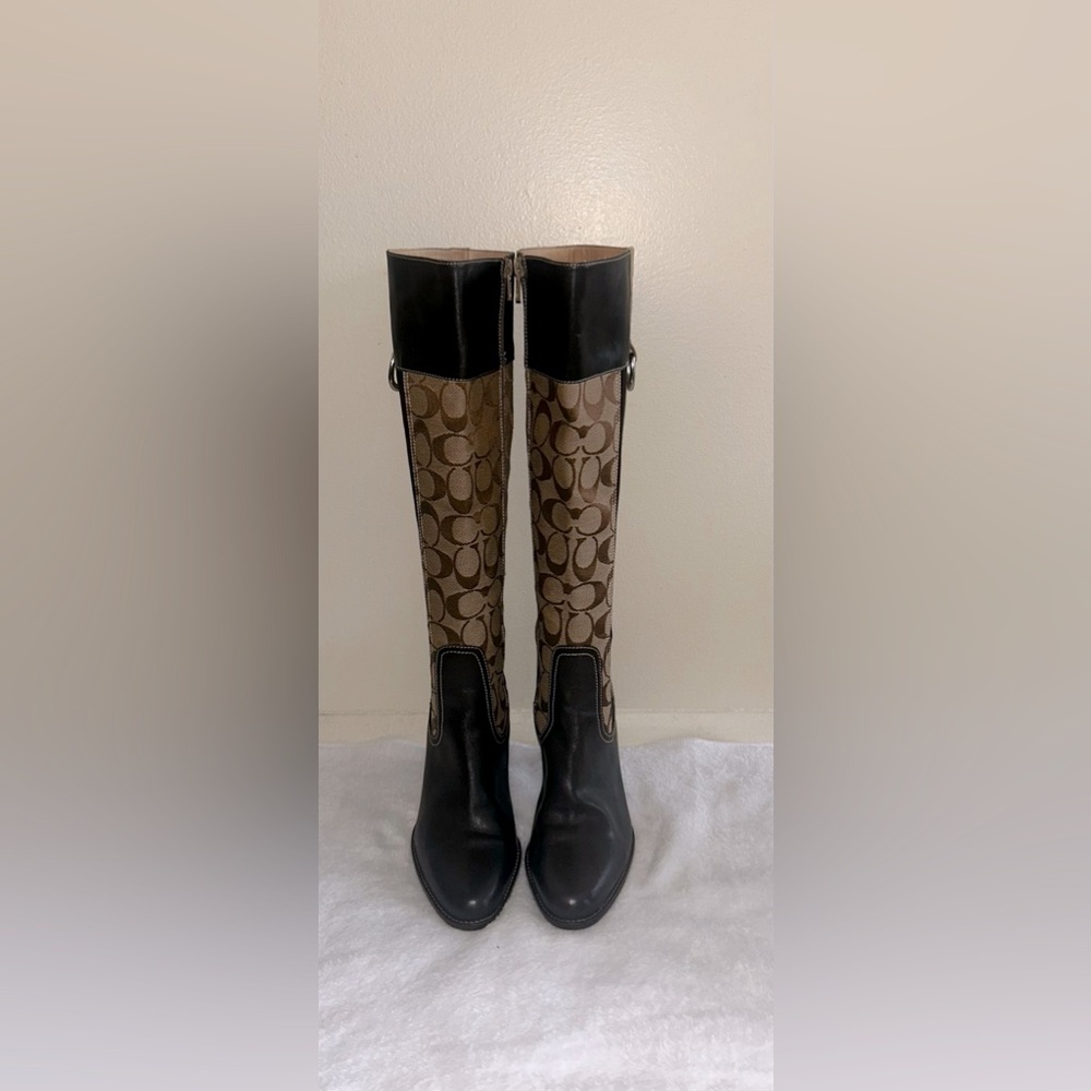 COACH  monogram heeled knee high boots, brown and tan, size 6 1/2